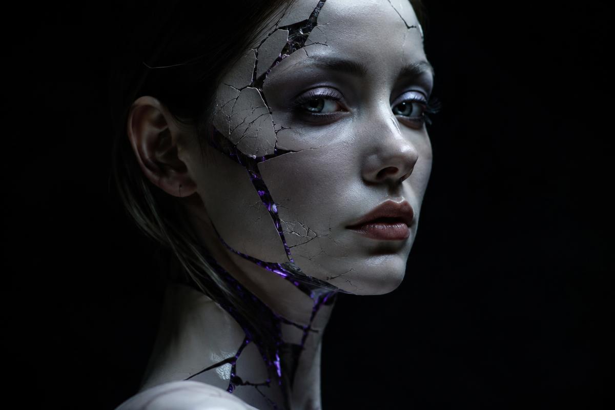 Close portrait of a synthetic woman with fractured porcelain skin and violet circuitry