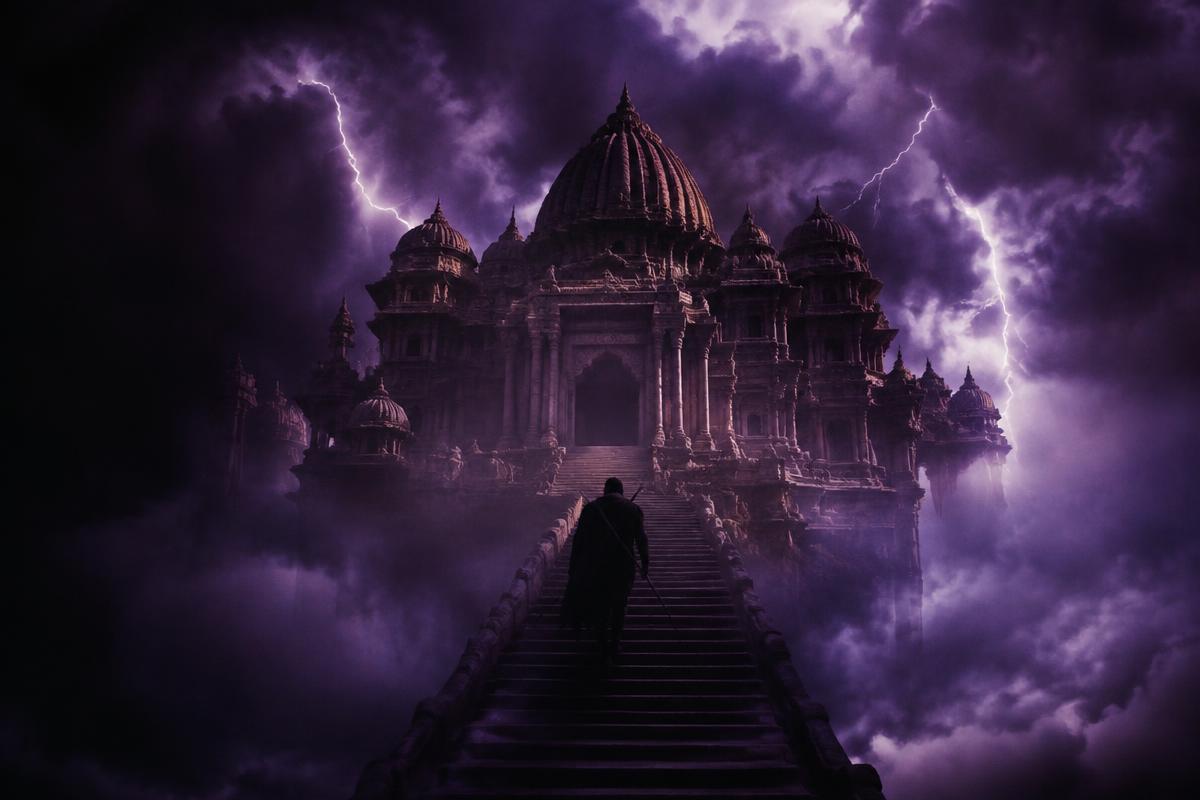 A warrior climbing stone stairs to a temple floating in violet storm clouds