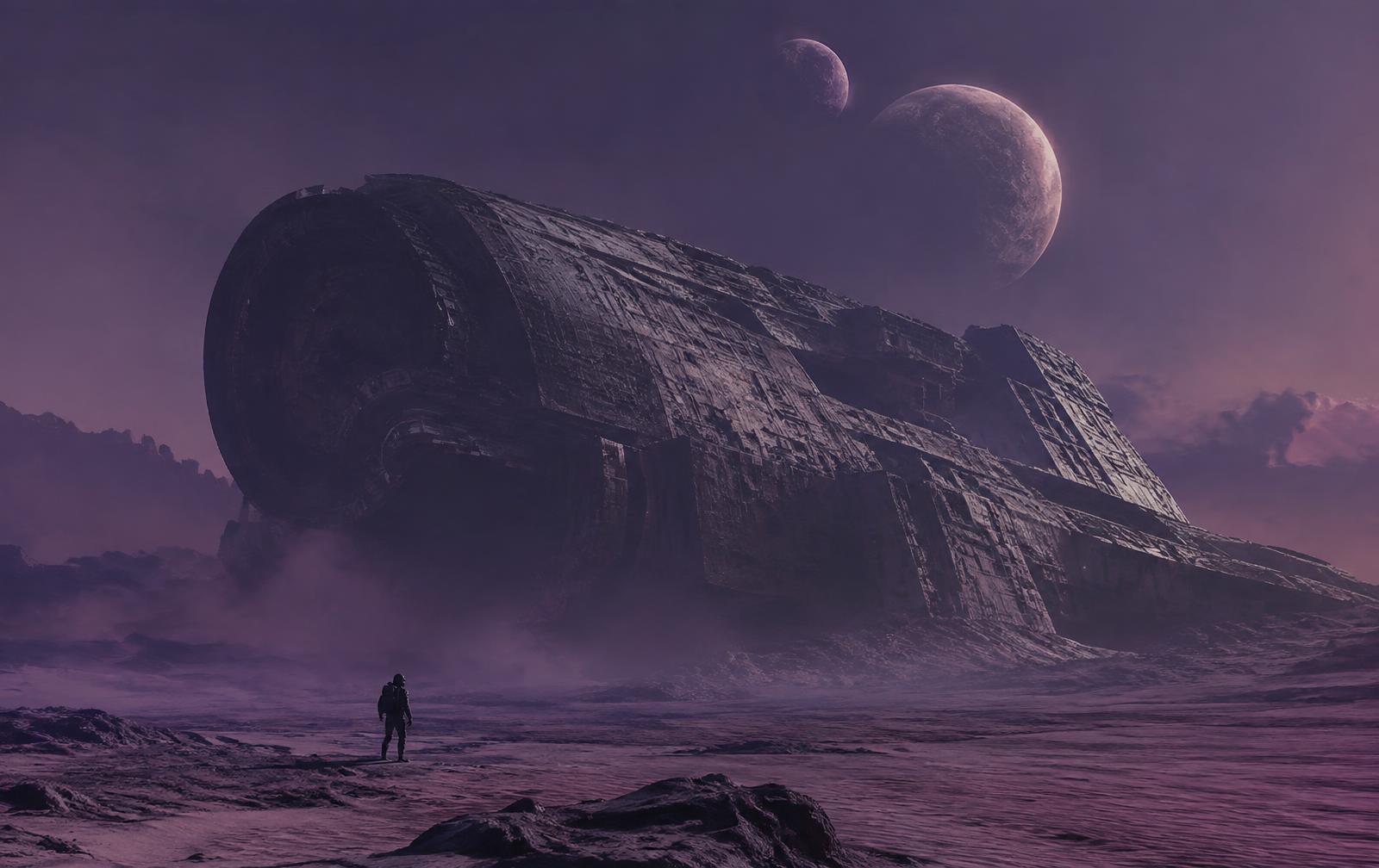 A colossal derelict starship half-buried in a violet desert under twin moons