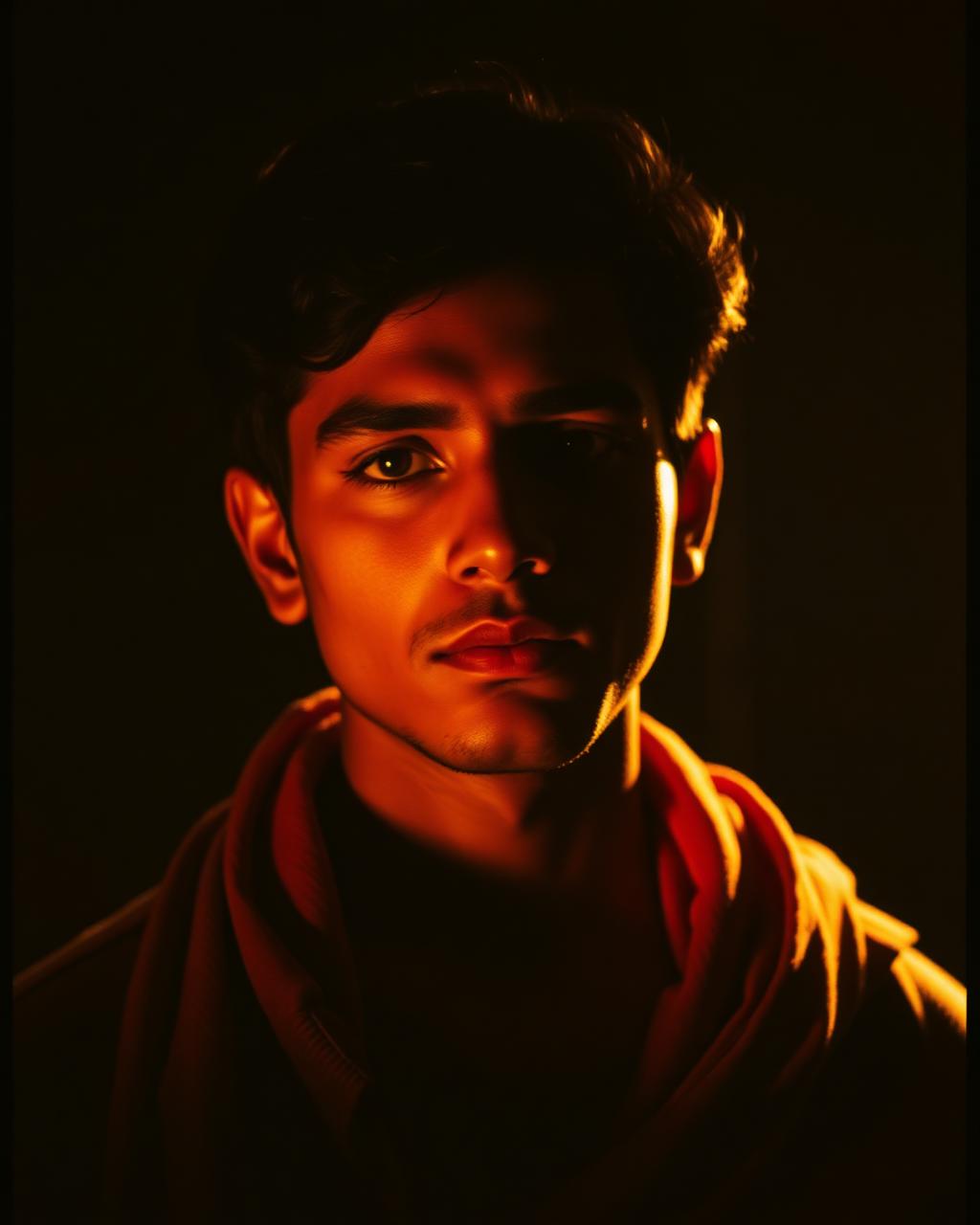 Moody portrait film still lit in golden light from the music video Sach, Unspoken
