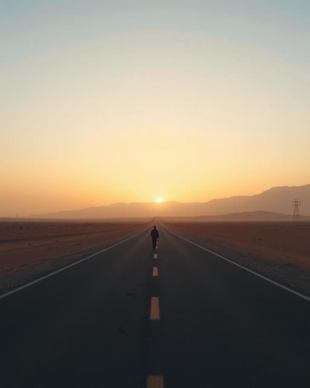 Wide cinematic still of a lone figure on a desert road at dawn from The Divine Road