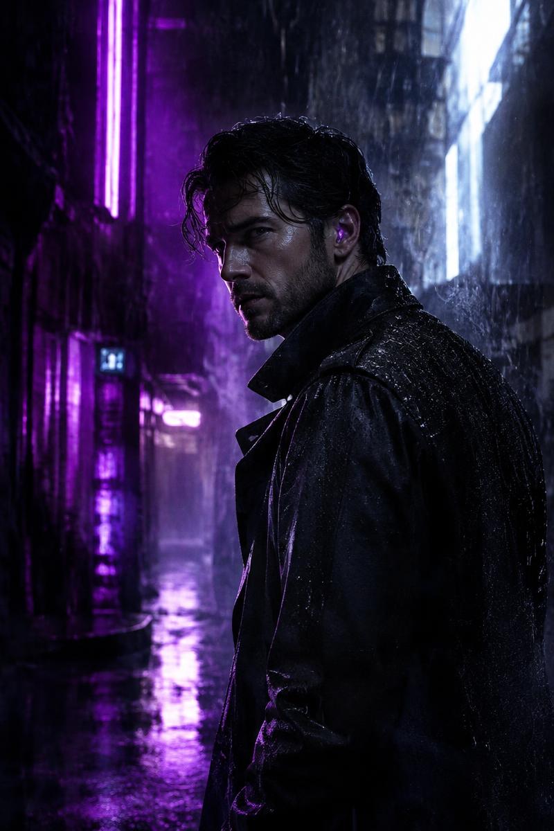 A detective in a neon-lit rainy alley