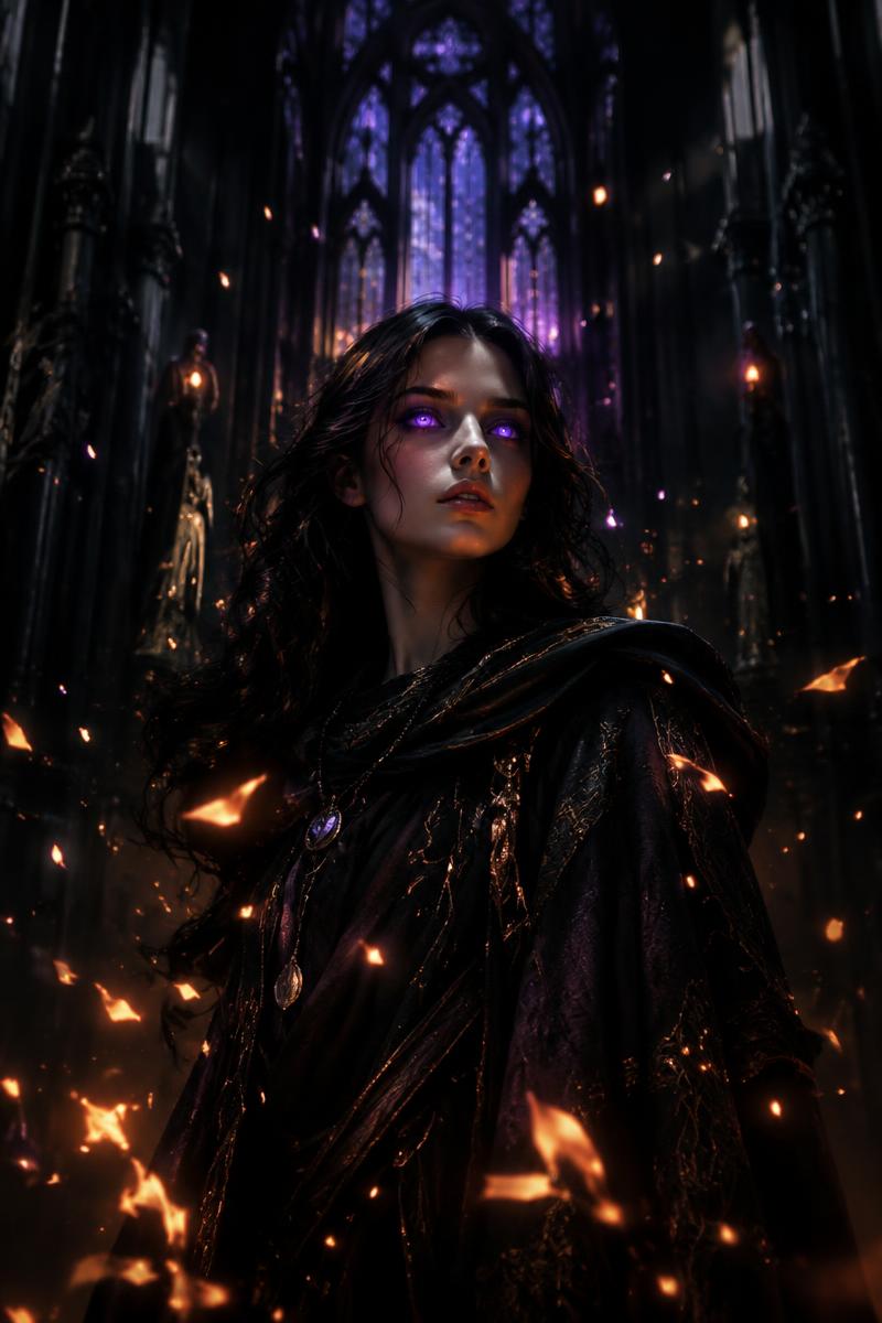A young oracle with glowing eyes surrounded by floating embers