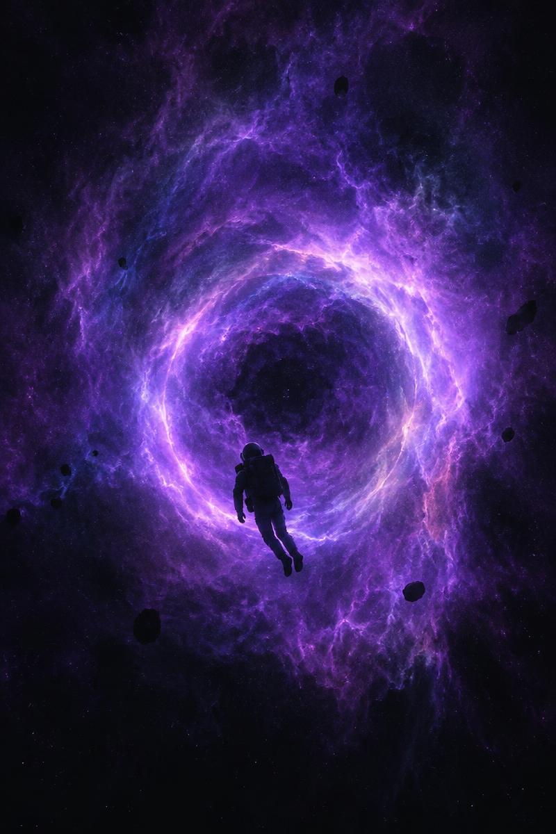 An astronaut adrift before a colossal nebula gate
