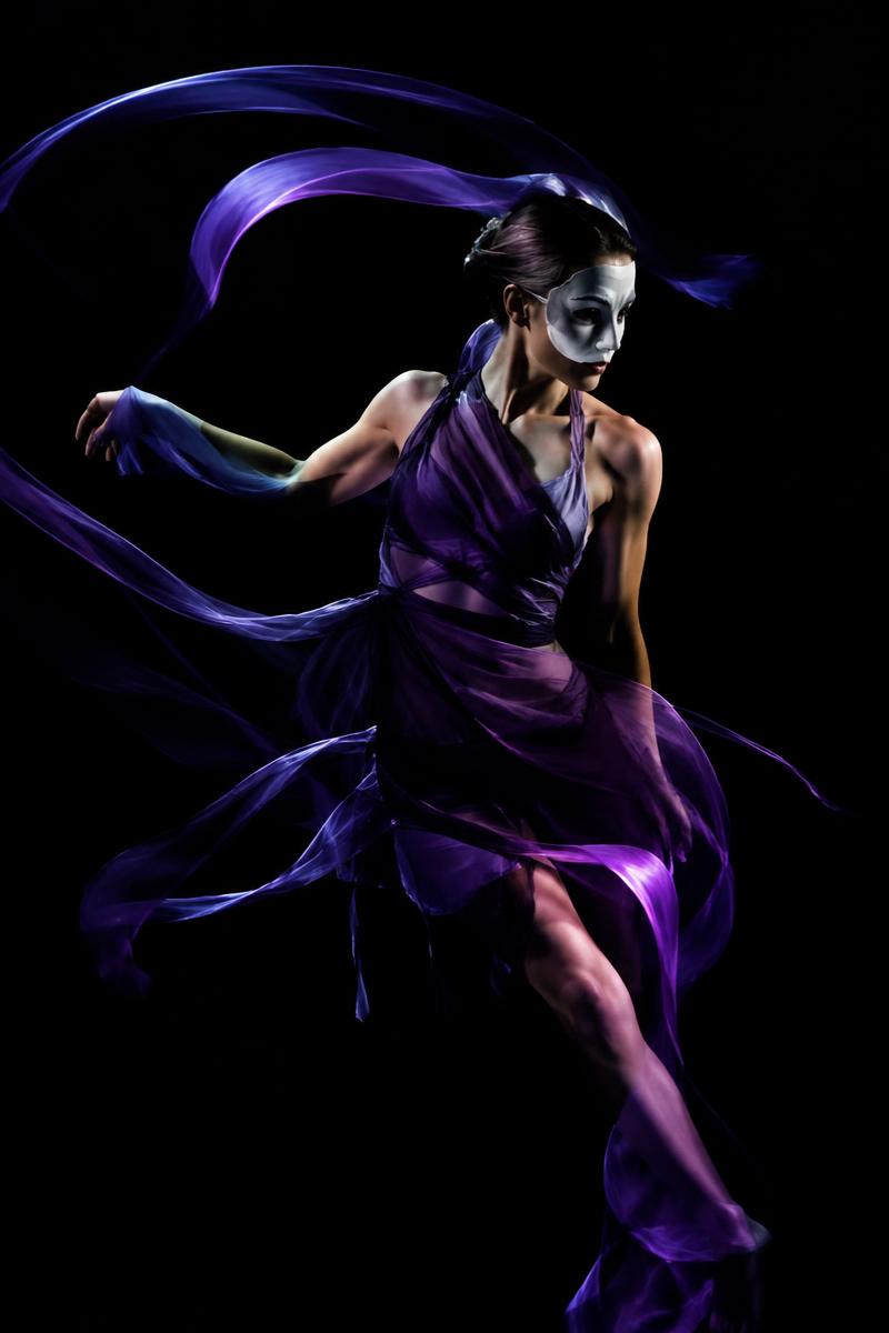 A masked dancer in motion with trailing silk ribbons