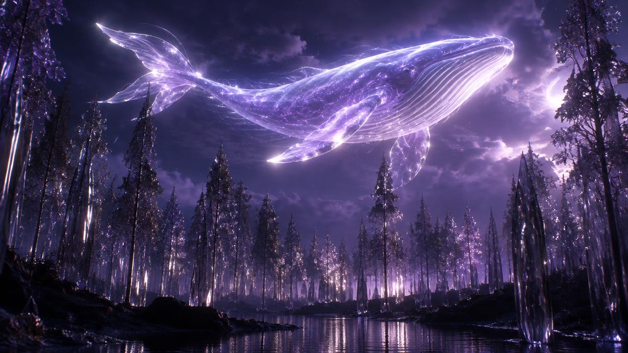 A glowing whale of light drifting over a forest of glass trees