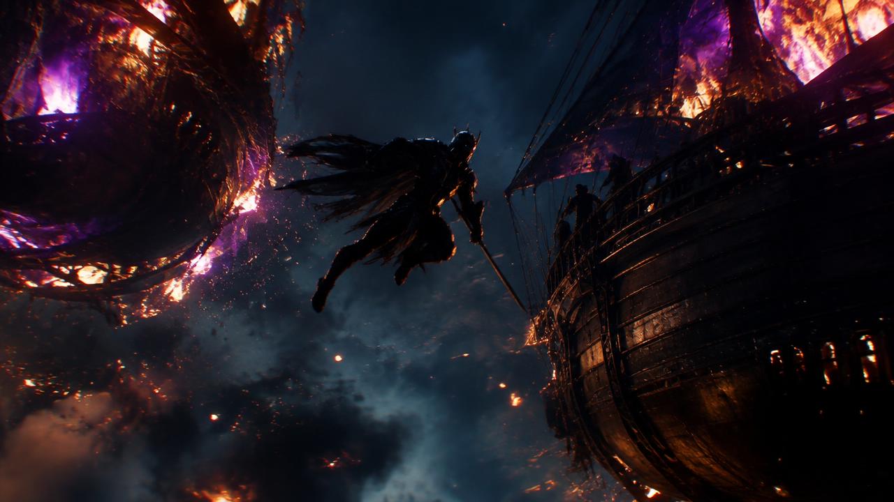 An armored warrior leaping between burning airships at night