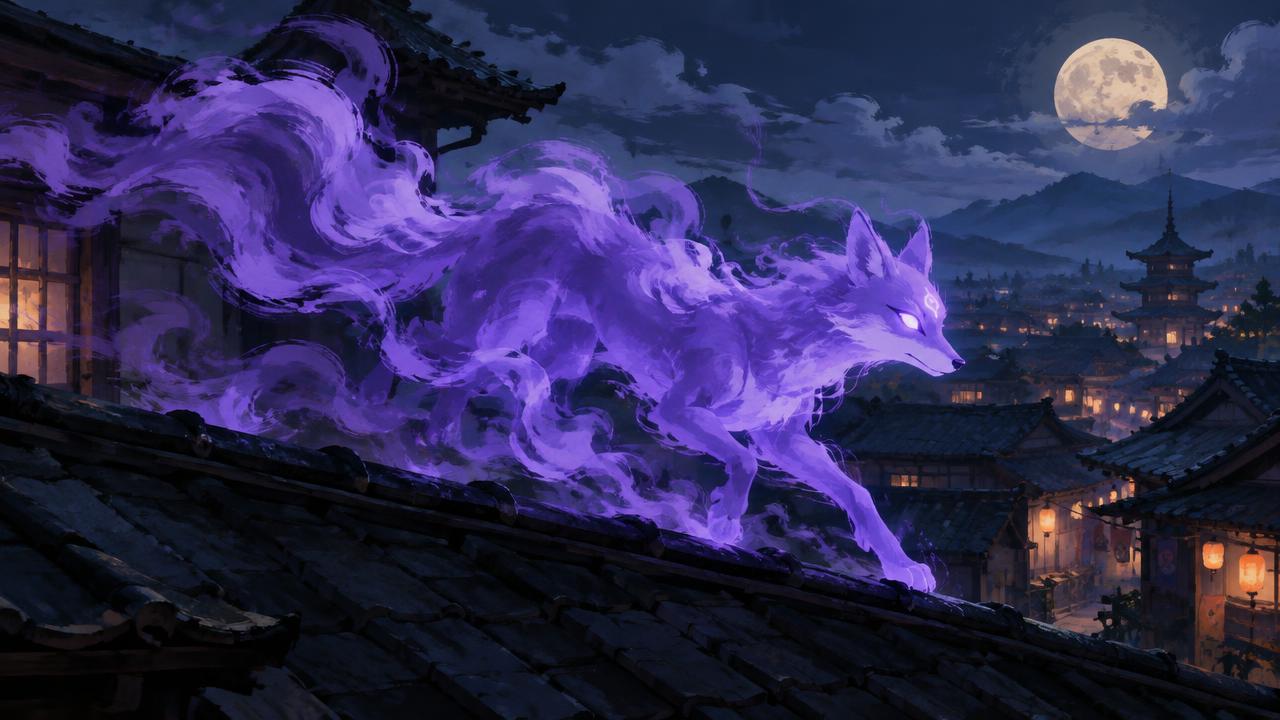An animated fox spirit made of violet smoke running across rooftops