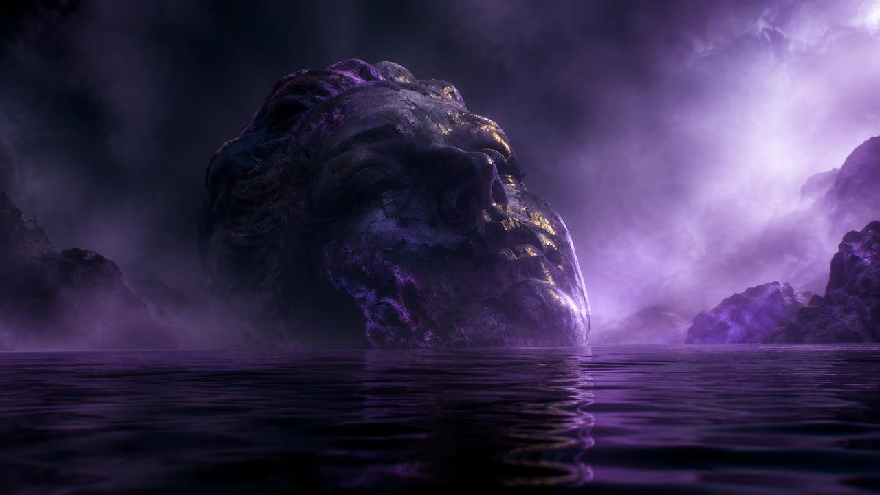 A colossal statue head half submerged in dark water