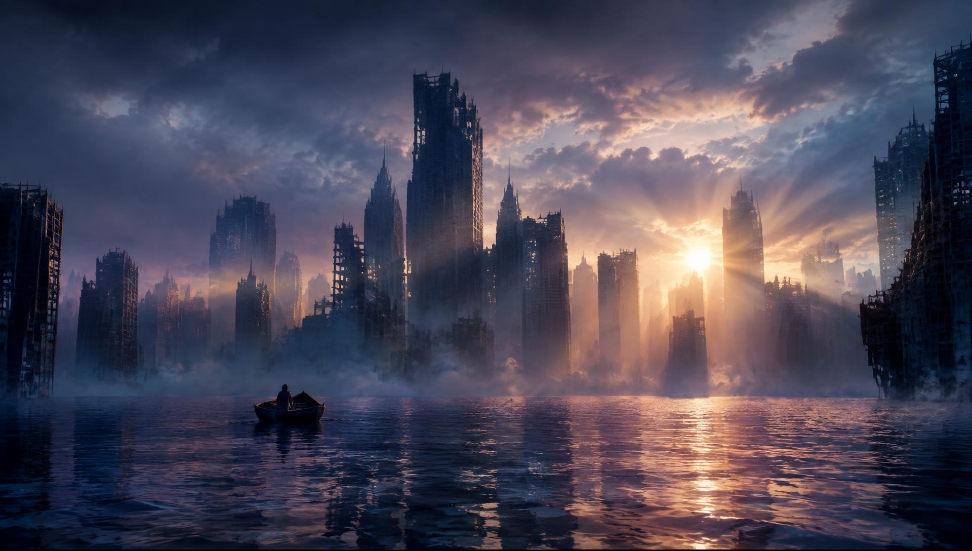 A drowned future city at dawn with a lone boat between broken skyscrapers