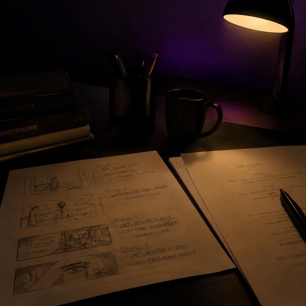 Storyboard sketches and script pages on a dark desk under a lamp