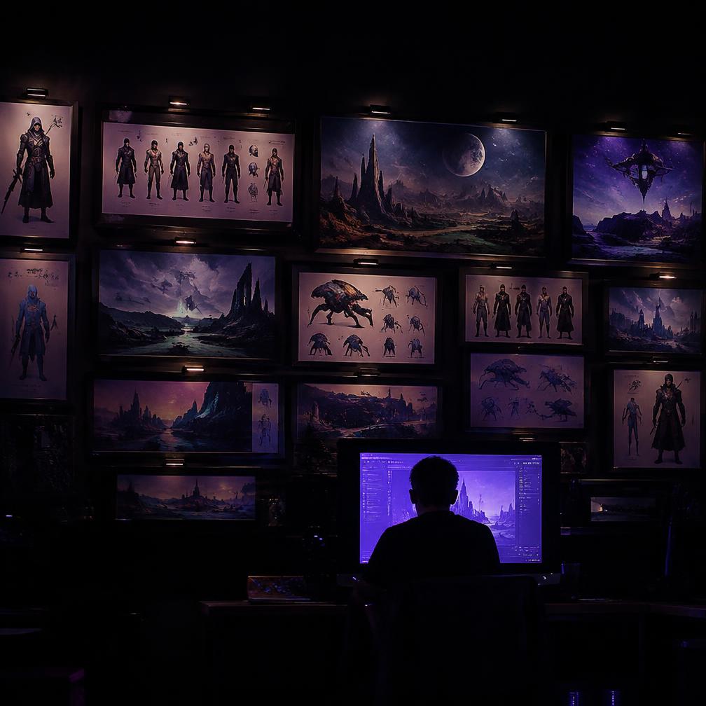 A wall of concept art frames glowing in a dark studio