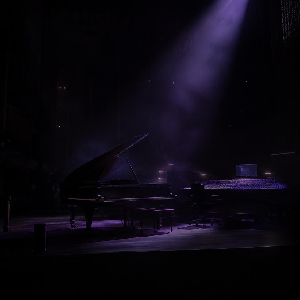 A scoring stage in shadow with a grand piano under a single beam