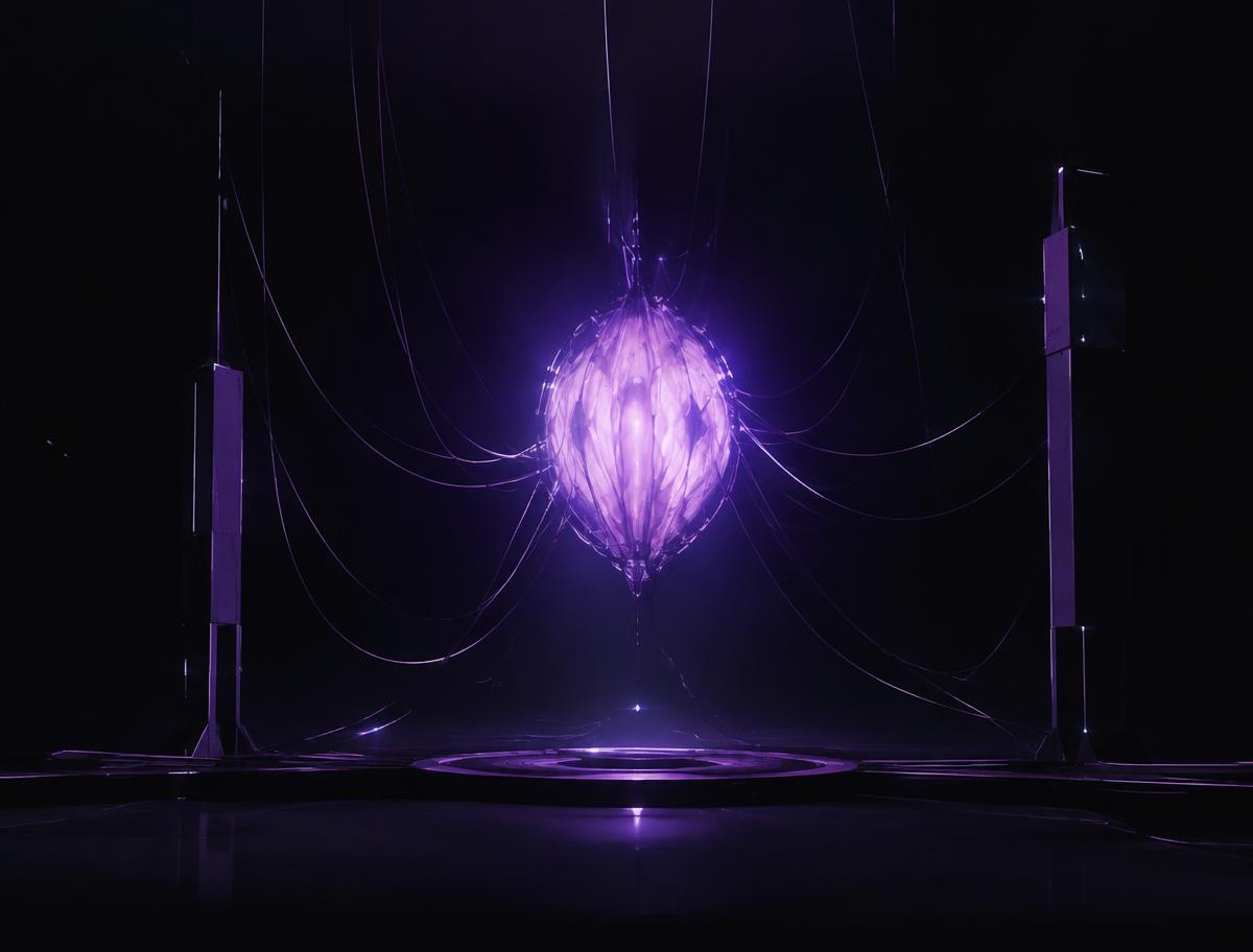 A glowing violet seed of light suspended in a dark laboratory