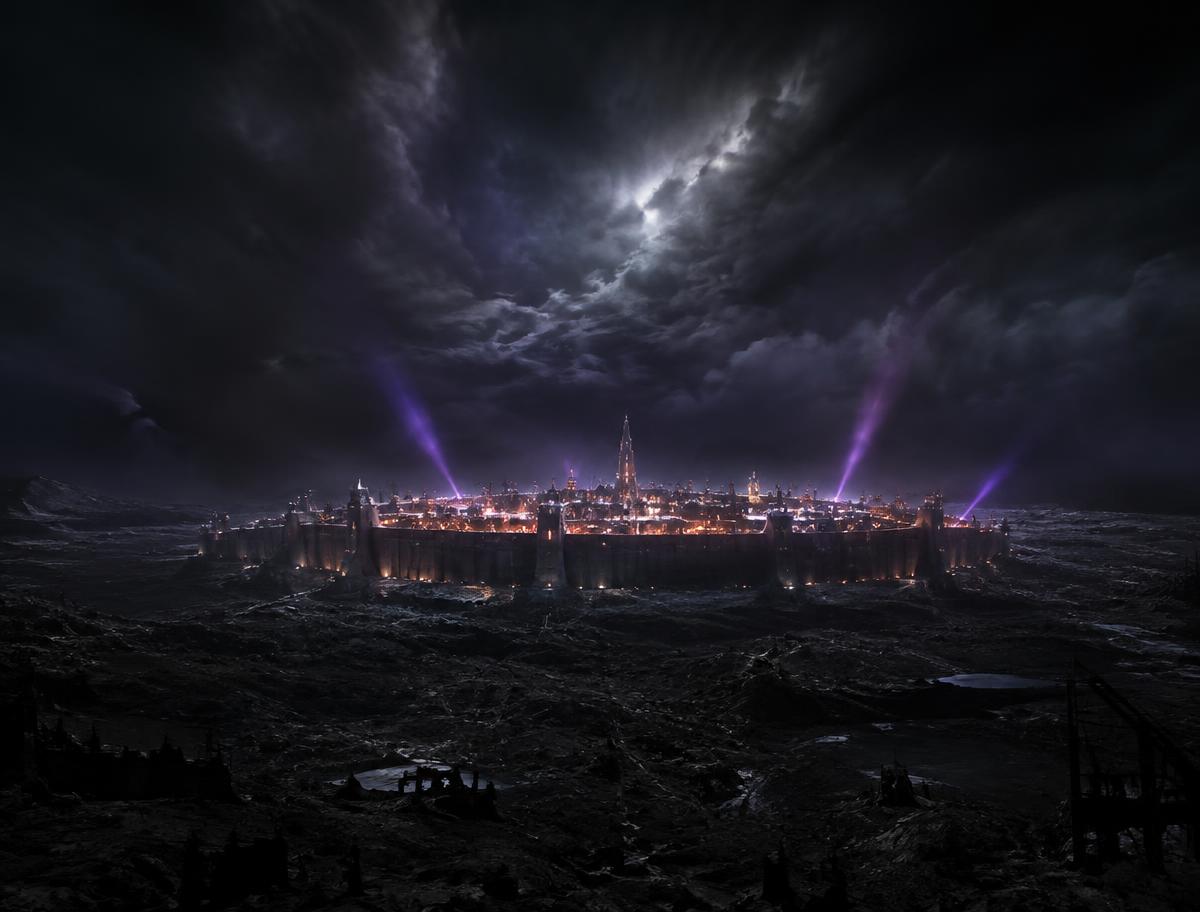 A walled city glowing on a dark ruined plain under storm clouds