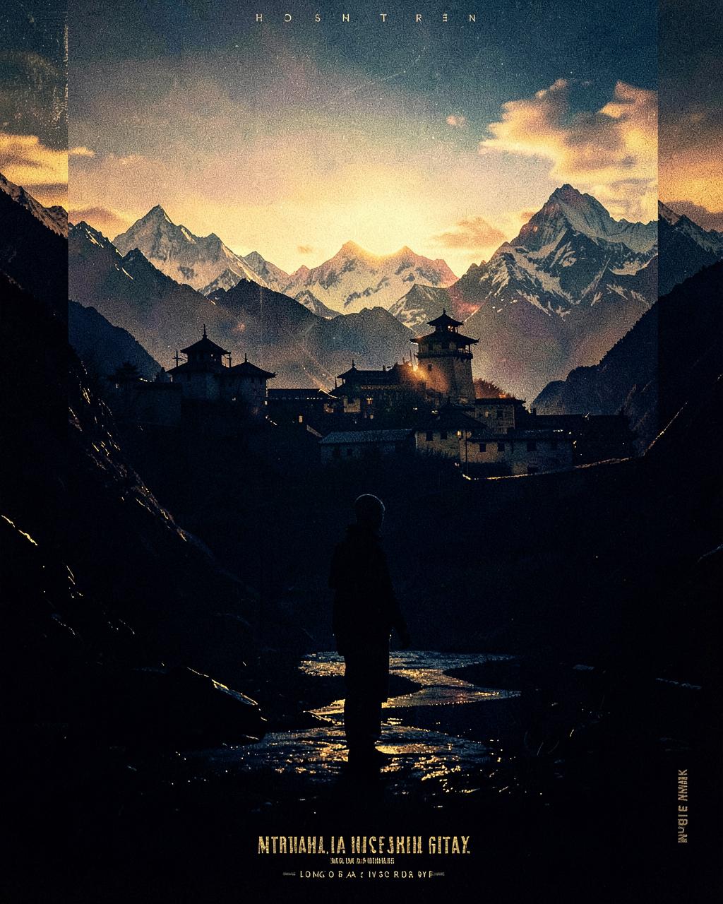 A lone traveller walking toward a Himalayan monastery at golden hour