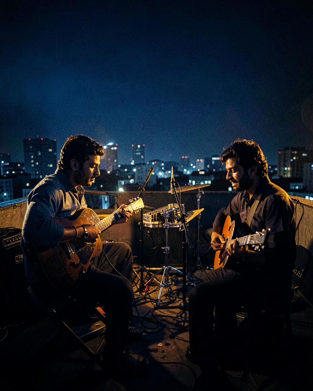 Two musicians playing guitar on a rooftop studio at night