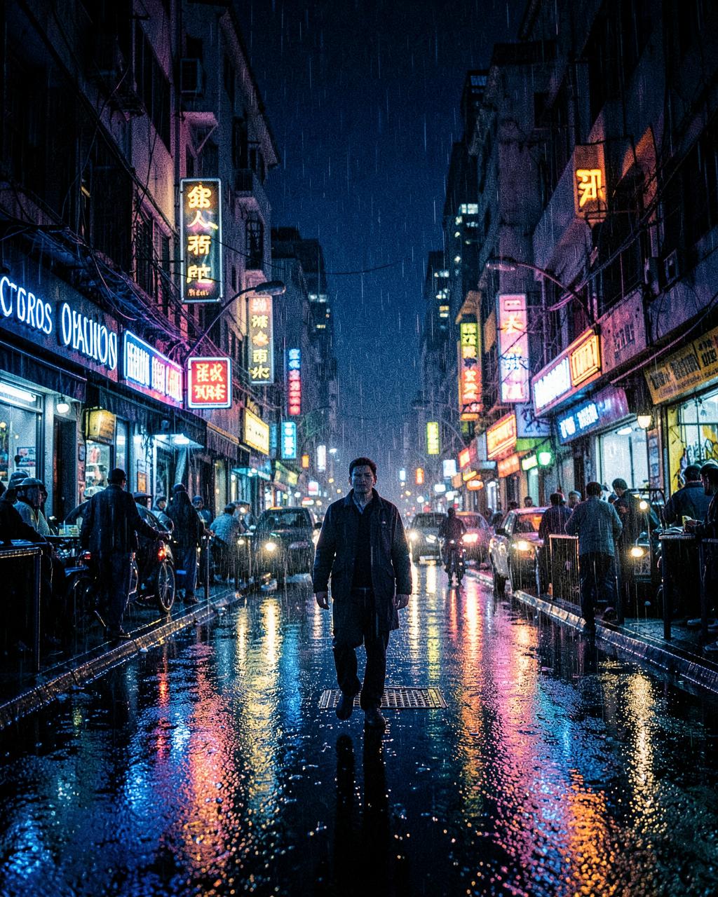 A lone figure walking through a neon-lit city street in the rain