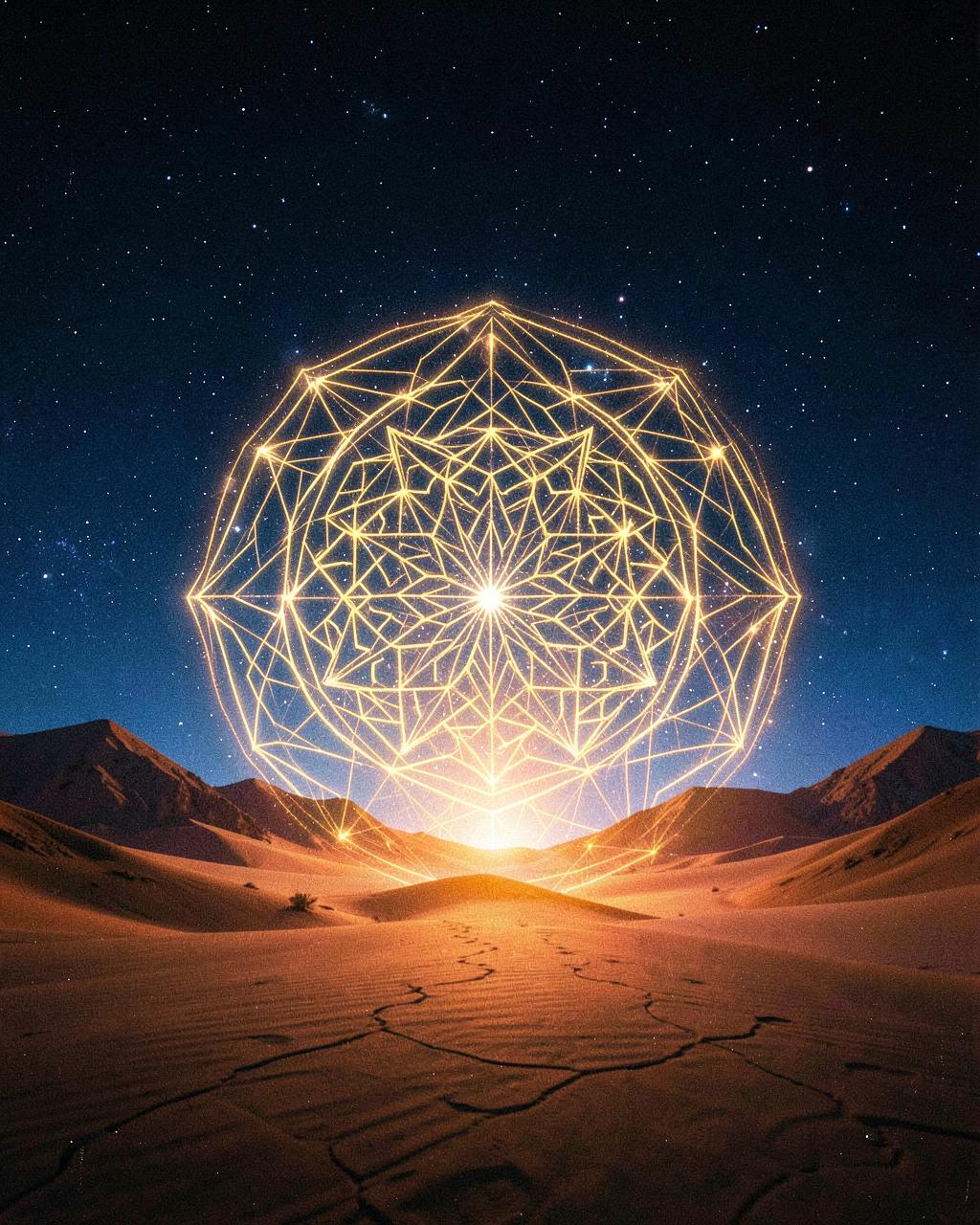 A glowing golden mandala portal over a desert at night